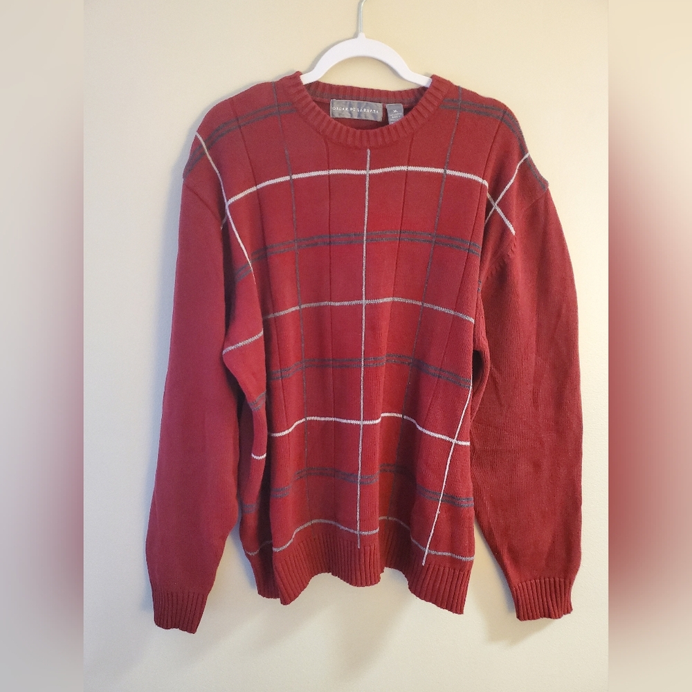 Men's Oscar de La Renta Red Plaid Sweater 100% Cotton Size XL